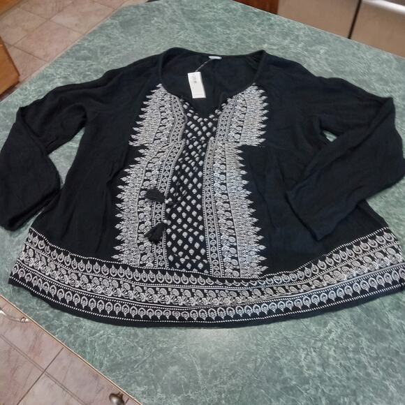 NWT Old Navy Boho Crinkle Gauze Swing Top M Black Peasant Long Sleeve Blouse - Picture 3 of 15